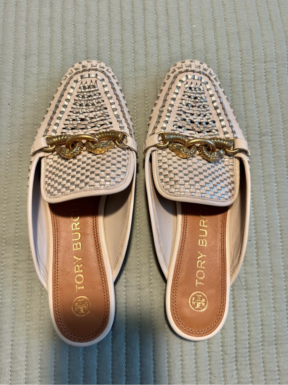 Tory Burch Jessa Woven Slip-On Loafers Mules Ivory Gold Size 7.5 - Picture 3 of 6